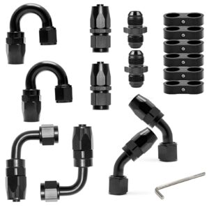 High-performance black aluminum fuel hose fitting kit for custom fuel systems, including various angle swivel fittings