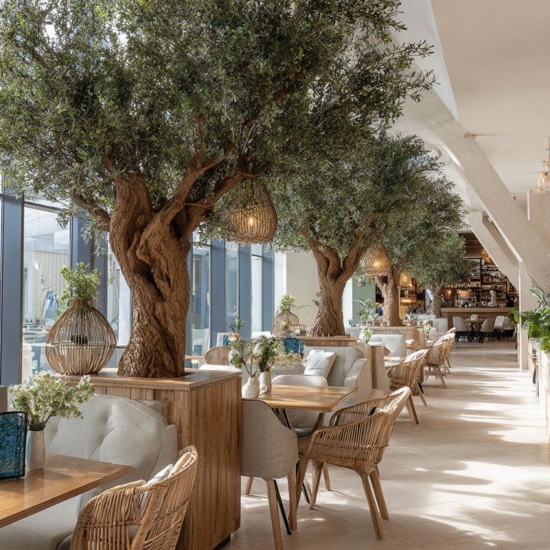 Faux olive tree decor in restaurant