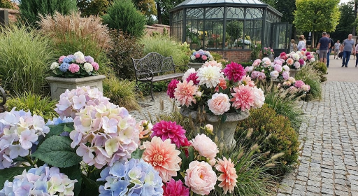 Large park gazebo with artificial flowers