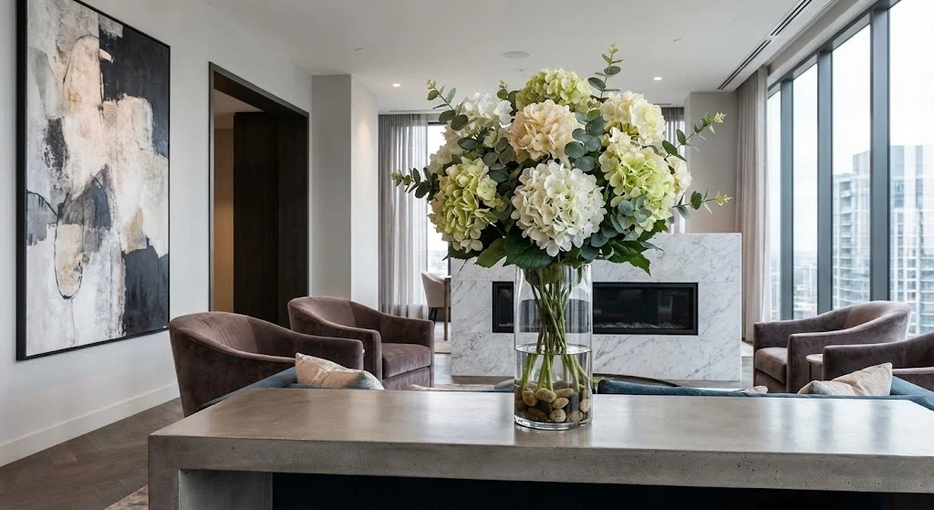Modern hotel lobby decor featuring a realistic artificial hydrangea arrangement in a glass vase with faux water