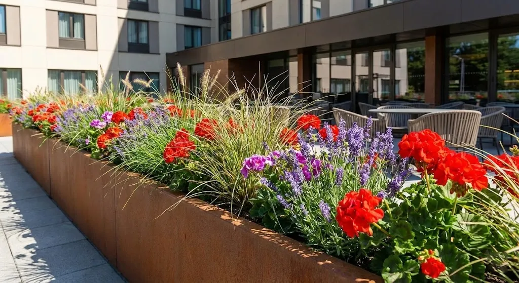 Weatherproof outdoor artificial flowers in commercial hotel landscape planter under direct sunlight