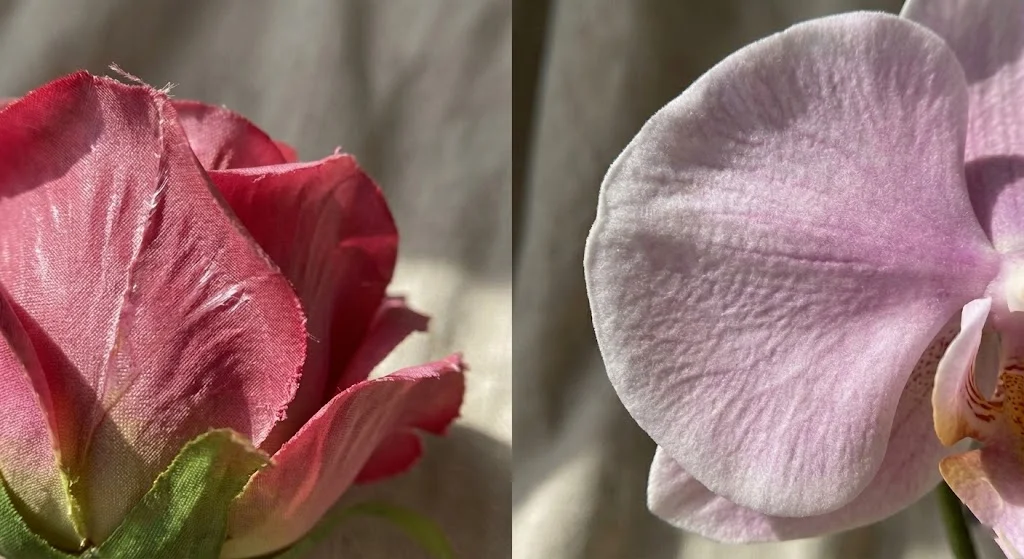Macro close-up comparing traditional cheap plastic flowers vs modern real-touch artificial flower texture